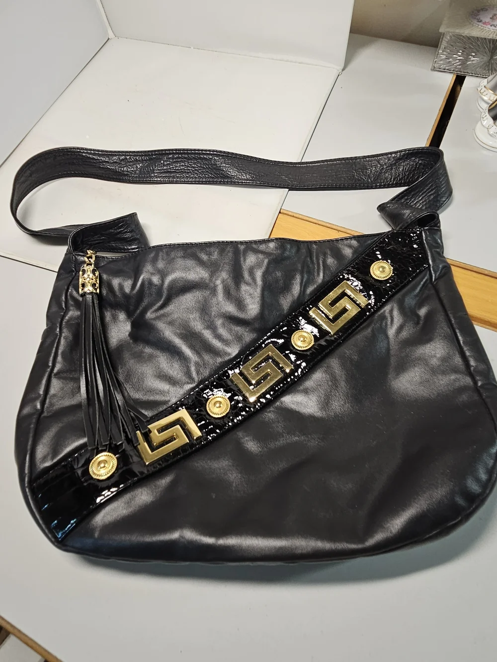 Vintage Dove Brand Black Leather Shoulder Bag with Gold Greca Hardware